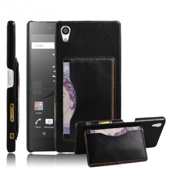 Дизайнерский кожаный чехол накладка с отделениями для карт с подставкой для Sony Xperia Z5 Черный