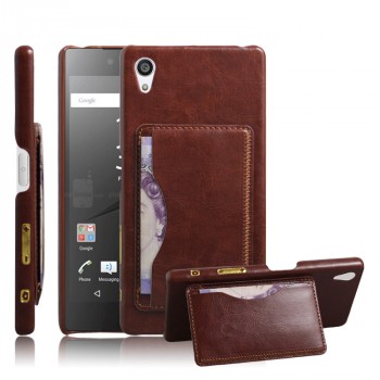 Дизайнерский кожаный чехол накладка с отделениями для карт с подставкой для Sony Xperia Z5 Коричневый