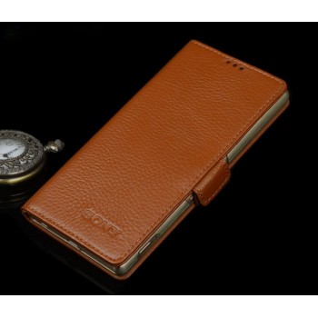 Кожаный чехол портмоне (нат. кожа) с крепежной застежкой для Sony Xperia Z5 Бежевый