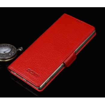Кожаный чехол портмоне (нат. кожа) с крепежной застежкой для Sony Xperia Z5 Красный