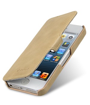 Кожаный винтажный чехол горизонтальная книжка с крепежной застежкой для Apple Iphone 5/5s/SE Бежевый