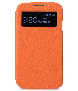 Кожаный чехол горизонтальная книжка с окном вызова для Samsung Galaxy S4 Оранжевый
