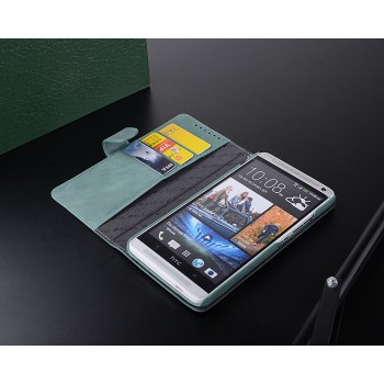 Кожаный винтажный чехол портмоне для HTC One Max Голубой