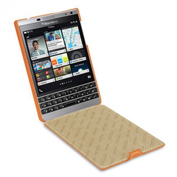 Кожаный чехол вертикальная книжка (нат. кожа) для BlackBerry Passport Silver Edition Оранжевый