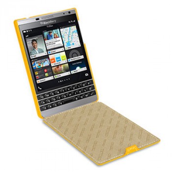 Кожаный чехол вертикальная книжка (нат. кожа) для BlackBerry Passport Silver Edition Желтый