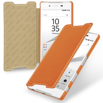 Кожаный чехол горизонтальная книжка (нат. кожа) для Sony Xperia Z5 Оранжевый
