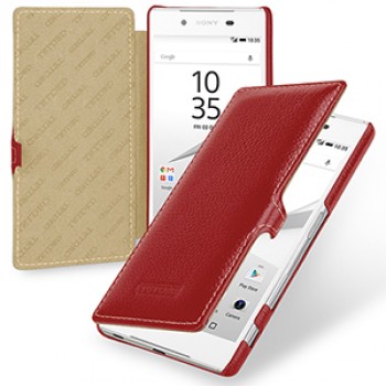 Кожаный чехол горизонтальная книжка (нат. кожа) с крепежной застежкой для Sony Xperia Z5 Красный