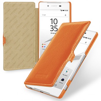 Кожаный чехол горизонтальная книжка (нат. кожа) с крепежной застежкой для Sony Xperia Z5 Оранжевый