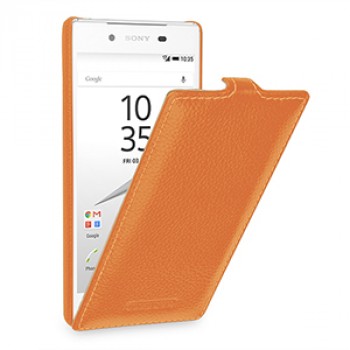 Кожаный чехол вертикальная книжка (нат. кожа) для Sony Xperia Z5 Оранжевый