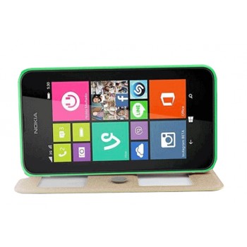 Чехол флип подставка на пластиковой основе с окном вызова и свайпом на присоске для Nokia Lumia 530 Бежевый