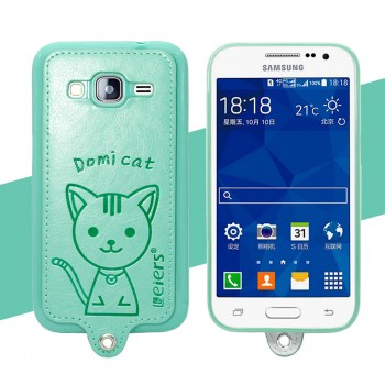 Силиконовый матовый непрозрачный чехол с кожаным покрытием и принтом Кот для Samsung Galaxy Core Prime Зеленый