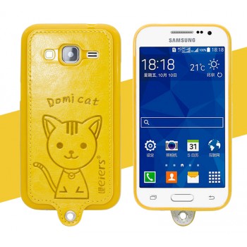 Силиконовый матовый непрозрачный чехол с кожаным покрытием и принтом Кот для Samsung Galaxy Core Prime Желтый