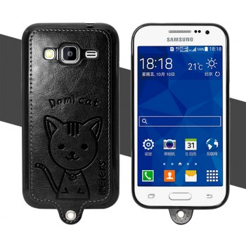Силиконовый матовый непрозрачный чехол с кожаным покрытием и принтом Кот для Samsung Galaxy Core Prime Черный
