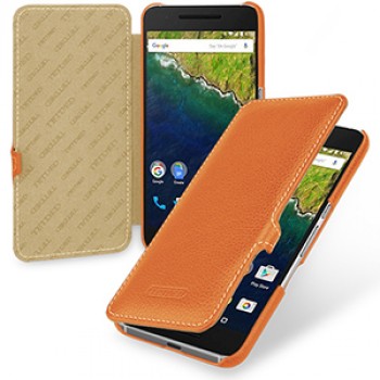 Кожаный чехол горизонтальная книжка (нат. кожа) с крепежной застежкой для Google Huawei Nexus 6P Оранжевый