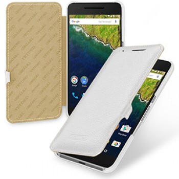 Кожаный чехол горизонтальная книжка (нат. кожа) с крепежной застежкой для Google Huawei Nexus 6P Белый