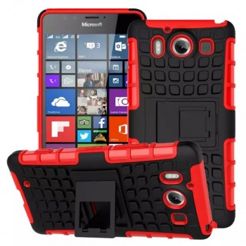 Антиударный гибридный чехол экстрим защита силикон/поликарбонат с ножкой-подставкой для Microsoft Lumia 950 Красный