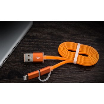 Сверхпрочный двухканальный силиконовый кабель USB-MicroUSB/Lightning 1 м с LED-индикацией процесса зарядки Оранжевый