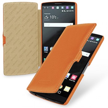 Кожаный чехол горизонтальная книжка (нат. кожа) с крепежной застежкой для LG V10 Оранжевый