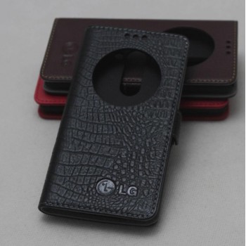 Кожаный чехол флип подставка на пластиковой основе с защёлкой и окном вызова (нат. кожа крокодила) для LG G3 S