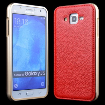 Двухкомпонентный чехол с металлическим бампером и поликарбонатной накладкой c поверхностью из нат. Кожи для Samsung Galaxy J7 Красный