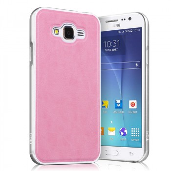 Двухкомпонентный чехол с металлическим бампером и поликарбонатной накладкой с текстурным покрытием Кожа для Samsung Galaxy J7 Розовый