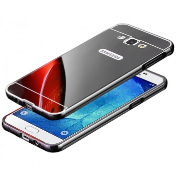 Двухкомпонентный чехол с металлическим бампером и поликарбонатной накладкой с зеркальным покрытием для Samsung Galaxy J7 Черный