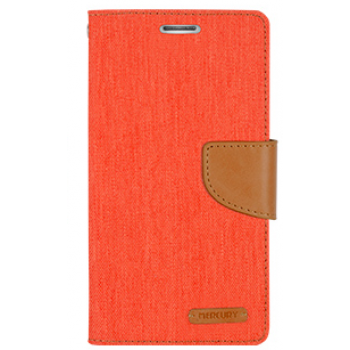 Чехол портмоне подставка на силиконовой основе с тканевым покрытием на магнитной защелке для Samsung Galaxy J5 Оранжевый
