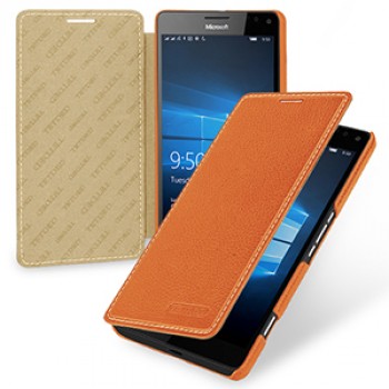 Кожаный чехол горизонтальная книжка (нат. кожа) для Microsoft Lumia 950 XL Оранжевый