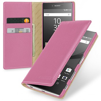 Кожаный премиум чехол портмоне (нат. кожа) для Sony Xperia Z5 Premium Розовый