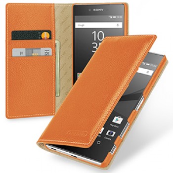 Кожаный премиум чехол портмоне (нат. кожа) для Sony Xperia Z5 Premium Оранжевый