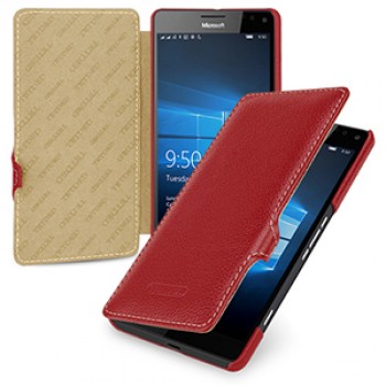 Кожаный чехол горизонтальная книжка (нат. кожа) с крепежной застежкой для Microsoft Lumia 950 XL Красный