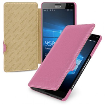 Кожаный чехол горизонтальная книжка (нат. кожа) с крепежной застежкой для Microsoft Lumia 950 XL Розовый