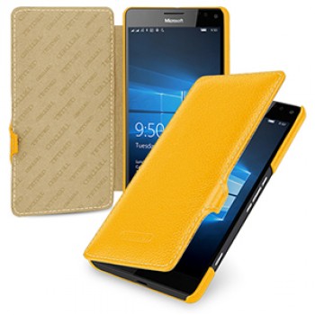 Кожаный чехол горизонтальная книжка (нат. кожа) с крепежной застежкой для Microsoft Lumia 950 XL Желтый
