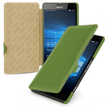 Кожаный чехол горизонтальная книжка (нат. кожа) с крепежной застежкой для Microsoft Lumia 950 XL Зеленый