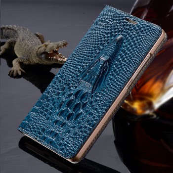 Кожаный чехол флип подставка на пластиковой основе (нат. кожа крокодила) для Samsung Galaxy A3 Синий