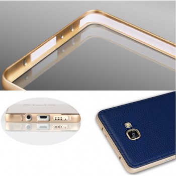 Двухкомпонентный гибридный чехол с металлическим бампером и кожаной накладкой для Samsung Galaxy A5 (2016) Синий