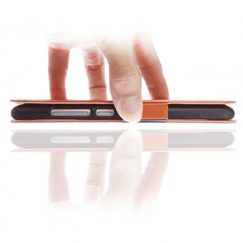 Кожаный чехол флип подставка на пластиковой основе с окном вызова и свайпом для Xiaomi RedMi Note 3 Оранжевый