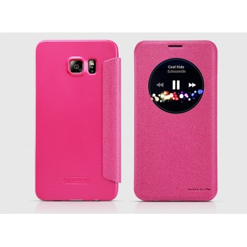 Чехол флип на пластиковой матовой нескользящей основе с окном вызова для Samsung Galaxy S6 Edge Plus Розовый