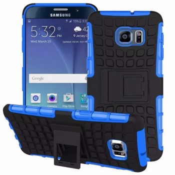 Антиударный гибридный силиконовый чехол с поликарбонатной крышкой и встроенной ножкой-подставкой для Samsung Galaxy S6 Edge Plus Синий