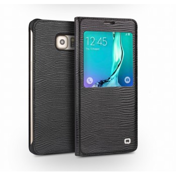 Кожаный чехол смарт флип (нат. кожа ящера) на пластиковой основе с окном вызова для Samsung Galaxy S6 Edge Plus Черный