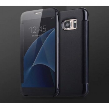 Пластиковый зеркальный чехол книжка для Samsung Galaxy S7 Edge с полупрозрачной крышкой для уведомлений Черный