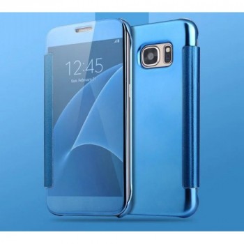 Пластиковый зеркальный чехол книжка для Samsung Galaxy S7 Edge с полупрозрачной крышкой для уведомлений Голубой