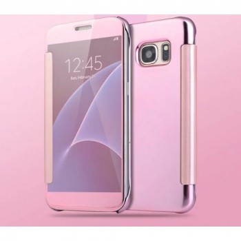 Пластиковый зеркальный чехол книжка для Samsung Galaxy S7 Edge с полупрозрачной крышкой для уведомлений Розовый