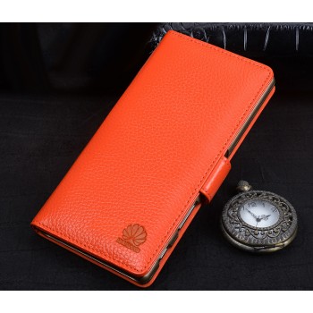 Кожаный чехол портмоне (нат. кожа) на пластиковой основе с магнитной защелкой для Huawei Mate 8 Оранжевый