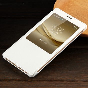 Чехол флип на пластиковой основе с окном вызова текстура Кожа для Huawei Mate 8 Белый