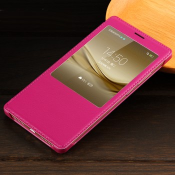 Чехол флип на пластиковой основе с окном вызова текстура Кожа для Huawei Mate 8 Пурпурный