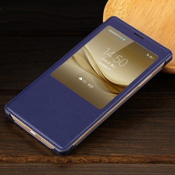 Чехол флип на пластиковой основе с окном вызова текстура Кожа для Huawei Mate 8 Синий