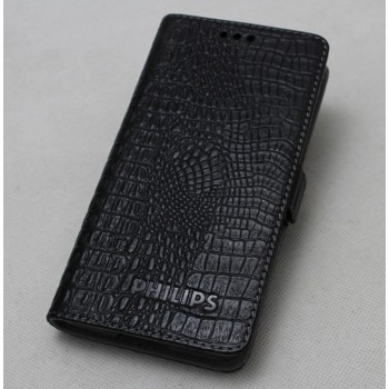 Кожаный чехол горизонтальная книжка (нат. кожа крокодила) на силиконовой основе для Philips i908 Черный
