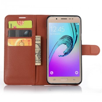 Чехол портмоне подставка для Samsung Galaxy J7 (2016) с магнитной защелкой и отделениями для карт Коричневый