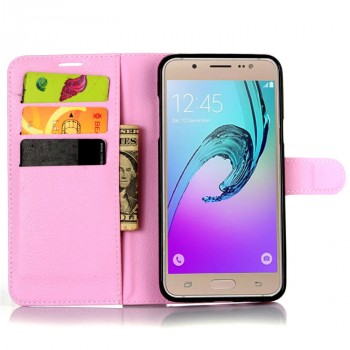 Чехол портмоне подставка для Samsung Galaxy J7 (2016) с магнитной защелкой и отделениями для карт Розовый